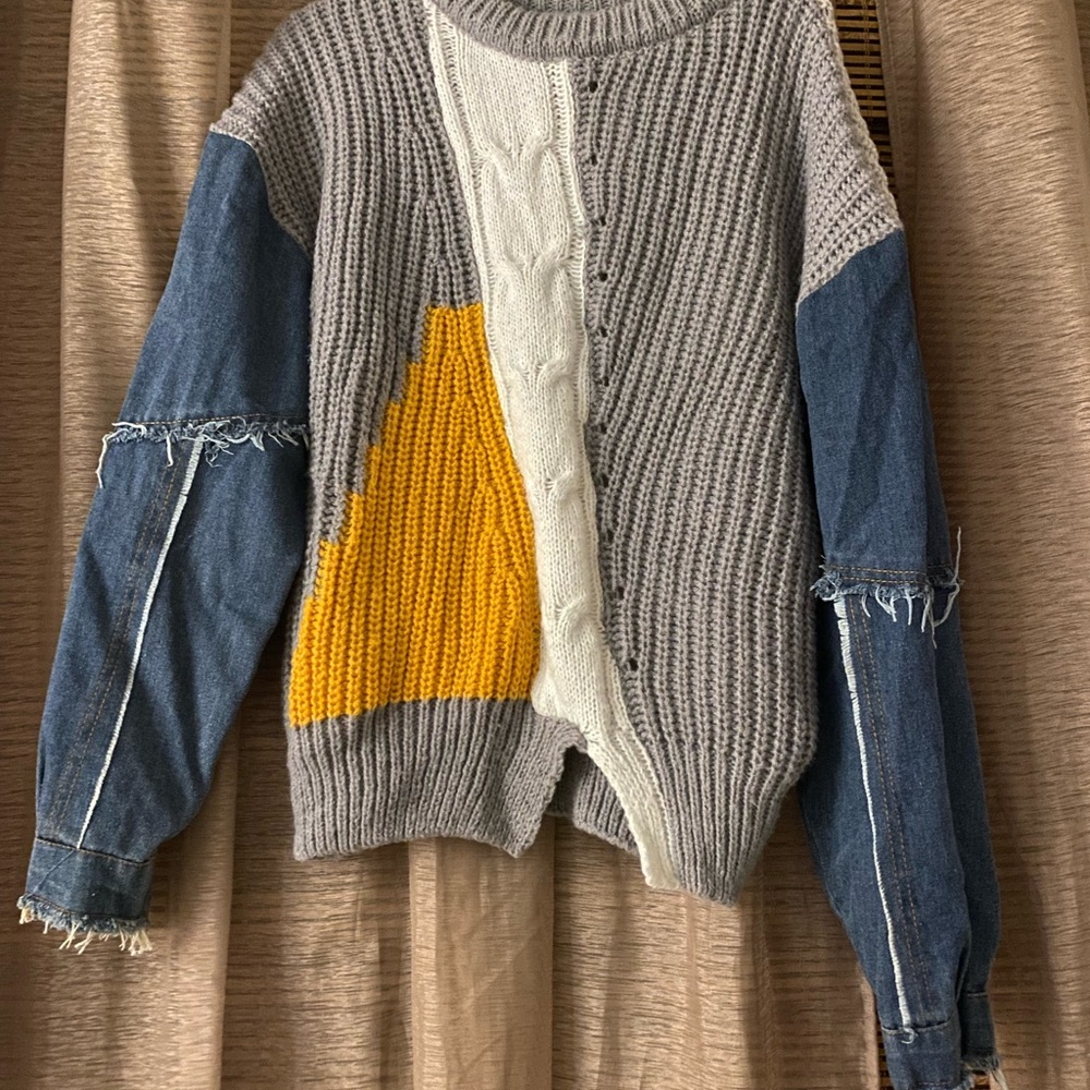 Colorblock Sweater with Denim Sleeves